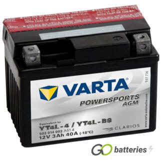 Varta YT4L-BS Powersport AGM Motorcycle Battery (503014003). 12 volt 3 amps, 40 cold cranking amps, black case, and the block terminals have a nut and bolt, the positive terminal on the right hand side with the terminals closest to you.