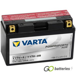Varta YT7B-4 Powersport AGM Motorcycle Battery (507901012). 12 volt 7 amps, 120 cold cranking amps, black case, and the block terminals have a nut and bolt, the positive terminal on the left hand side with the terminals closest to you.