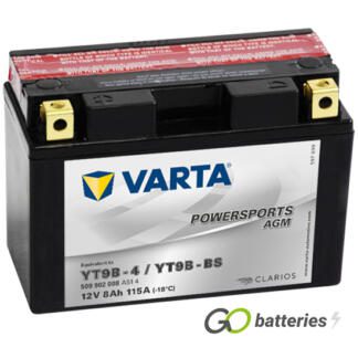Varta YT9B-4 Powersport AGM Motorcycle Battery (509902008). 12 volt 8 amps, 115 cold cranking amps, black case, and the block terminals have a nut and bolt, the positive terminal on the left hand side with the terminals closest to you.