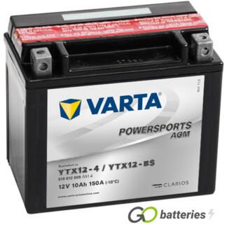 Varta YTX12-BS Powersport AGM Motorcycle Battery (510012009). 12 volt 10 amps, 150 cold cranking amps, black case, and the block terminals have a nut and bolt, the positive terminal on the left hand side with the terminals closest to you.