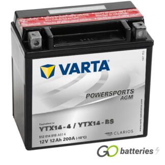 Varta YTX14-BS Powersport AGM Motorcycle Battery (512014010). 12 volt 12 amps, 200 cold cranking amps, black case, and the block terminals have a nut and bolt, the positive terminal on the left hand side with the terminals closest to you.