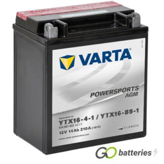 Varta YTX16-BS-1 Powersport AGM Motorcycle Battery (514901022). 12 volt 14 amps, 210 cold cranking amps, black case, the terminals are bolt through and have a nut and bolt, the positive terminal is on the left hand side with the terminals closest to you.