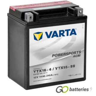 Varta YTX16-BS Powersport AGM Motorcycle Battery (514902022). 12 volt 14 amps, 210 cold cranking amps, black case, and the block terminals have a nut and bolt, the positive terminal on the left hand side with the terminals closest to you.