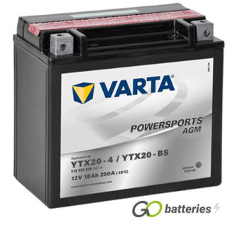 Varta YTX20-BS Powersport AGM Motorcycle Battery (518902026). 12 volt 18 amps, 250 cold cranking amps, black case, and the block terminals have a nut and bolt, the positive terminal on the left hand side with the terminals closest to you.