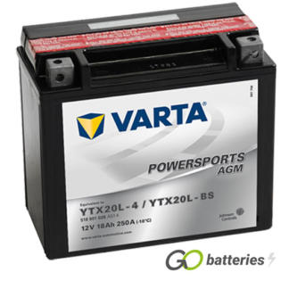Varta YTX20L-BS Powersport AGM Motorcycle Battery (518901026). 12 volt 18 amps, 250 cold cranking amps, black case, and the block terminals have a nut and bolt, the positive terminal on the right hand side with the terminals closest to you.