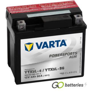 Varta YTX5L-BS Powersport AGM Motorcycle Battery (504012003). 12 volt 4 amps, 80 cold cranking amps, black case, and the block terminals have a nut and bolt, the positive terminal on the right hand side with the terminals closest to you.