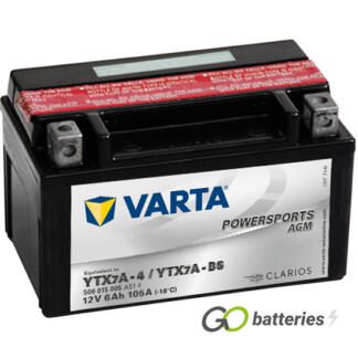 Varta YTX7A-BS Powersport AGM Motorcycle Battery (506015005). 12 volt 6 amps, 105 cold cranking amps, black case, and the block terminals have a nut and bolt, the positive terminal on the left hand side with the terminals closest to you.