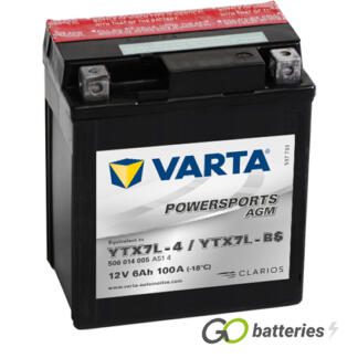 Varta YTX7L-BS Powersport AGM Motorcycle Battery (506014005). 12 volt 6 amps, 100 cold cranking amps, black case, and the block terminals have a nut and bolt, the positive terminal on the right hand side with the terminals closest to you.