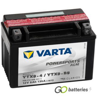 Varta YTX9-BS Powersport AGM Motorcycle Battery (508012008). 12 volt 8 amps, 135 cold cranking amps, black case, and the block terminals have a nut and bolt, the positive terminal on the left hand side with the terminals closest to you.