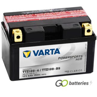 Varta YTZ10S Powersport AGM Motorcycle Battery (508901015). 12 volt 8 amps, 150 cold cranking amps, black case, and the block terminals have a nut and bolt, the positive terminal on the left hand side with the terminals closest to you.