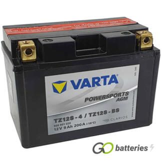 Varta YTZ12S Powersport AGM Motorcycle Battery (509901020). 12 volt 9 amps, 200 cold cranking amps, black case, and the block terminals have a nut and bolt, the positive terminal on the left hand side with the terminals closest to you.