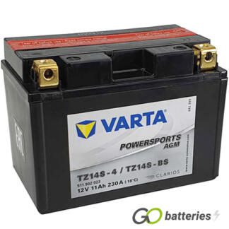 Varta YTZ14S Powersport AGM Motorcycle Battery (511902023). 12 volt 11 amps, 230 cold cranking amps, black case, and the block terminals have a nut and bolt, the positive terminal on the left hand side with the terminals closest to you.