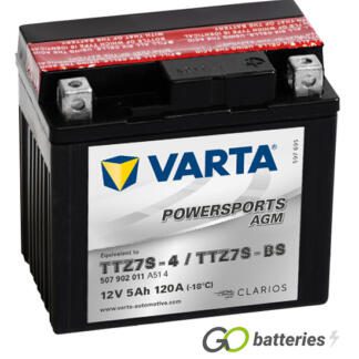 Varta YTZ7S Powersport AGM Motorcycle Battery (507902011). 12 volt 5 amps, 120 cold cranking amps, black case, and the block terminals have a nut and bolt, the positive terminal on the right hand side with the terminals closest to you.