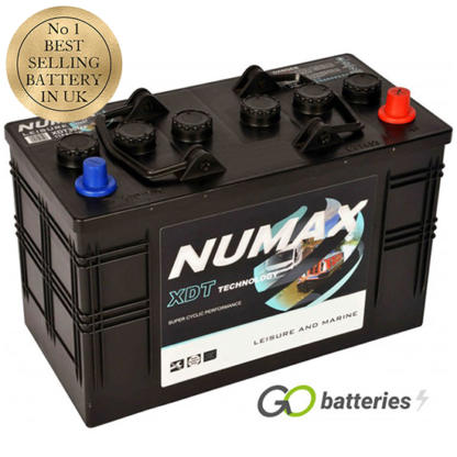 Numax XDT30MF Leisure and Marine Battery. 12 volt 115 amp hour. Black case with the positive terminal on the right hand side with the terminals closest to you. Also has carrying handle.