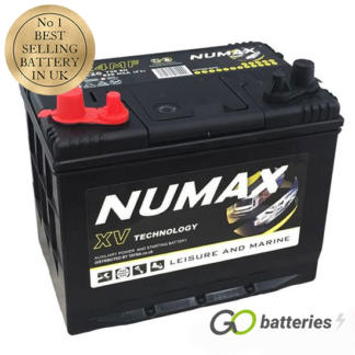 Numax XV24MF Sealed Leisure and Marine Battery. 12 volt 80 amp, 630 cold cranking amps and 780 marine cranking amps. Dual terminals with the positive terminal on the left hand side with the terminals closest to you. Black battery with a carrying handle.