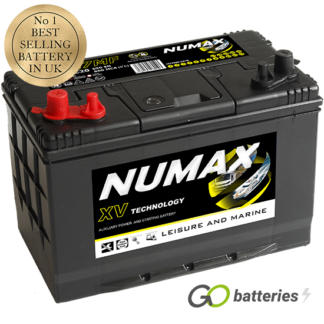 Numax XV27MF Sealed Leisure and Marine Battery. 12 volt 95 amp, 690 cold cranking amps and 860 marine cranking amps. Dual terminals with the positive terminal on the left hand side with the terminals closest to you. Black battery with a carrying handle.