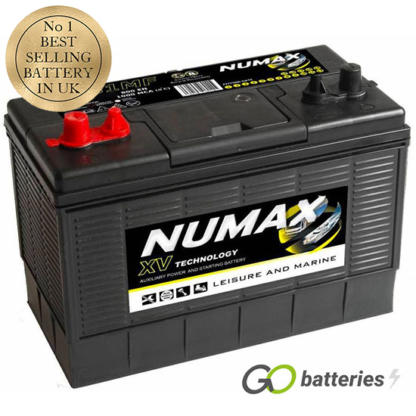 Numax XV31MF Sealed Leisure and Marine Battery. 12 volt 105 amp, 740 cold cranking amps and 925 marine cranking amps. Dual terminals with the positive terminal on the left hand side with the terminals closest to you. Black battery with a carrying handle.