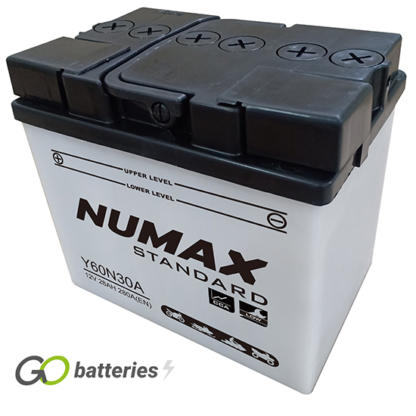 Numax Y60N30-A Motorcycle Battery 12V 28Ah 280 cold cranking amps opaque case with black lid and the positive terminal is on the left hand side with the terminals closest to you.