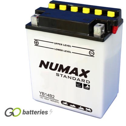 Numax YB14-B2 Motorcycle Battery 12V 14Ah 160 cold cranking amps opaque case with black lid and the positive terminal is on the left hand side with the terminals closest to you.