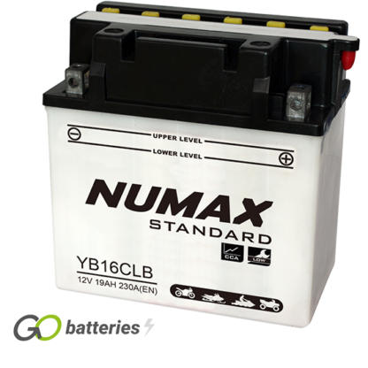 Numax YB16CL-B Motorcycle Battery. 12 volt 19Ah 230 cold cranking amps. Opaque case with a black top, the breather and the positive terminal are located on the right hand side with the terminals closest to you.