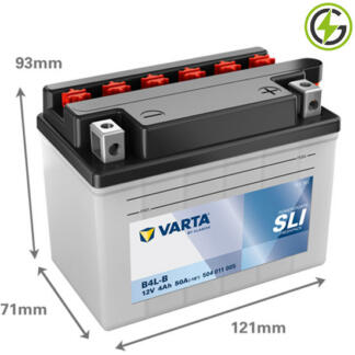 Varta YB4L-B Powersport SLI Freshpack Motorcycle Battery (504011002). 12 volt 4 amps, 50 cold cranking amps, opaque case with black top, the block terminals have a nut and bolt and the positive terminal on the right hand side with the terminals closest to you. The breather is also on the right hand side.