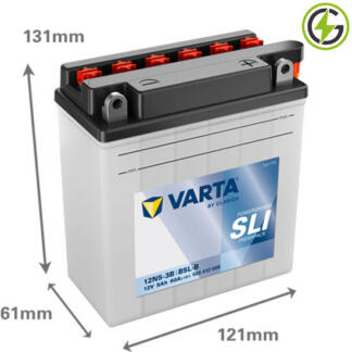 Varta YB5L-B Powersport SLI Freshpack Motorcycle Battery (505012003). 12 volt 5 amps, 60 cold cranking amps, opaque case with black top, the terminals are bolt through and have a nut and bolt, the positive terminal is on the right hand side with the terminals closest to you. The breather is also on the right hand side.