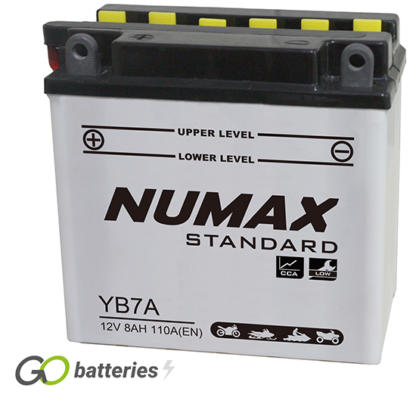 Numax YB7-A Motorcycle Battery 12V 8Ah 110 cold cranking amps opaque case with black lid and the positive terminal is on the left hand side with the terminals closest to you.