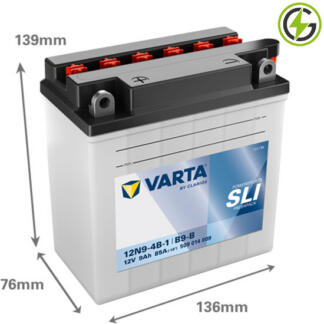Varta YB9-B Powersport SLI Freshpack Motorcycle Battery (509014008). 12 volt 9 amps, 85 cold cranking amps, opaque case with black top, the terminals are bolt through and have a nut and bolt, the positive terminal is on the left hand side with the terminals closest to you. The breather is on the right hand side.