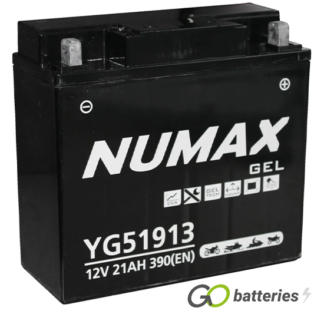 Numax YG51913 Gel Harley Davidson Battery. 12 volt 21 amp, 390 cold cranking amps. Black case with positive terminal on the right hand side with the terminals closest to you. Also known as a 51913.