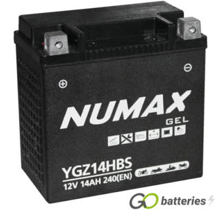 Numax YGZ14H-BS Gel Harley Davidson Battery. 12 volt 14 amp, 240 cold cranking amps. Black case with positive terminal on the left hand side with the terminals closest to you. Also known as a YTX14-BS.