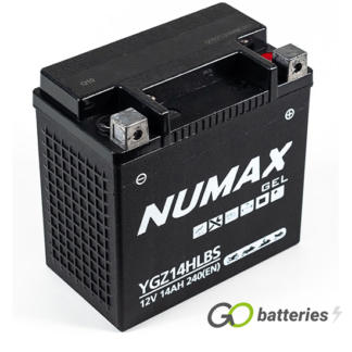 Numax YGZ14HL-BS Gel Harley Davidson Battery. 12 volt 14 amp, 240 cold cranking amps. Black case with positive terminal on the right hand side with the terminals closest to you. Also known as a YTX14L-BS.