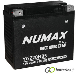 Numax YGZ20H-BS Gel Harley Davidson Battery. 12 volt 20 amp, 340 cold cranking amps. Black case with positive terminal on the left hand side with the terminals closest to you. Also known as a YTX20-BS.