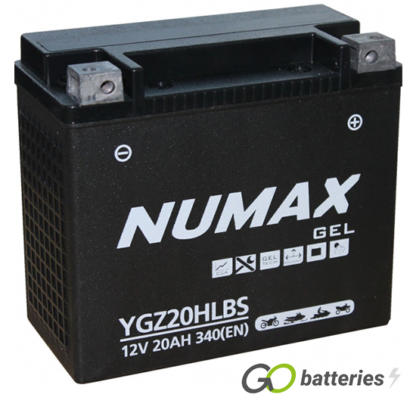 Numax YGZ20HL-BS Gel Harley Davidson Battery. 12 volt 20 amp, 340 cold cranking amps. Black case with positive terminal on the right hand side with the terminals closest to you. Also known as a YTX20L-BS.