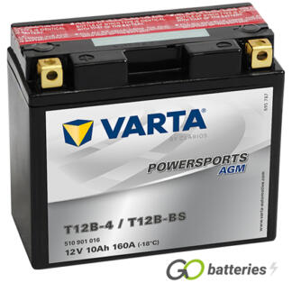 Varta YT12B-4 Powersport AGM Motorcycle Battery (510901016). 12 volt 10 amps, 160 cold cranking amps, black case, and the block terminals have a nut and bolt, the positive terminal on the left hand side with the terminals closest to you.