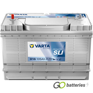 Varta H16 Promotive SLI Battery 12V 105Ah 800 cold cranking amps, Silver case with centrally located threaded terminals. Also has carrying handle.