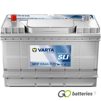Varta H17 Promotive SLI Battery 12V 105Ah 800 cold cranking amps, Silver case with centrally located terminals. Also has carrying handle.