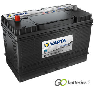 Varta H17 Promotive Heavy Duty Battery 12V 105Ah 800 cold cranking amps, Black case with centrally located terminals. Also has carrying handle.