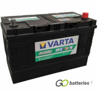 Varta A28 Hobby Leisure Battery 12V 110Ah, Black case with the positive terminal on the right hand side with the terminals closest to you. Also has carrying handles. M110