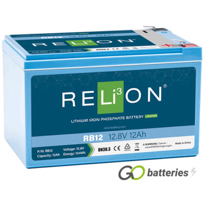 Relion RB12 Lithium-ion battery. 12 volt 12 amp, blue case with spade connector terminals.