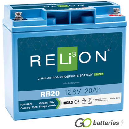 Relion RB20 lithium battery. 12 volt 20 amp, blue case with threaded terminals into the battery.