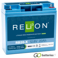 Relion RB20-X lithium battery. 12 volt 20 amp, blue case with upright flag type terminals.