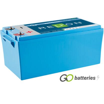 Relion RB24V100 24 volt 100 amp Lithium Battery. All blue case with threaded terminals into the battery.