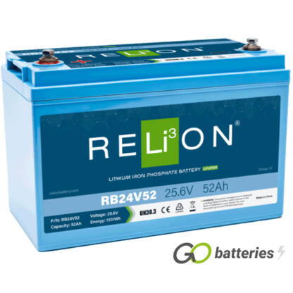 Relion RB24V52 24 volt 52 amp Lithium Battery. All blue case with threaded terminals into the battery.