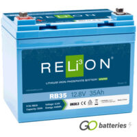 Relion RB35 lithium battery. 12 volt 35 amp, blue case with threaded terminals into the battery.