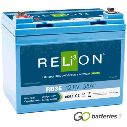 Relion RB35 lithium battery. 12 volt 35 amp, blue case with threaded terminals into the battery.