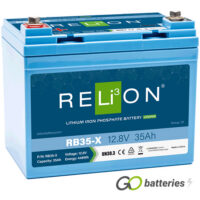 Relion RB35-X lithium battery. 12 volt 35 amp, blue case with threaded terminals into the battery.