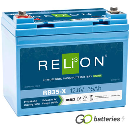 Relion RB35-X lithium battery. 12 volt 35 amp, blue case with threaded terminals into the battery.