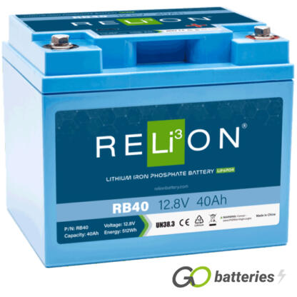 Relion RB40 lithium battery. 12 volt 40 amp, blue case with threaded terminals into the battery.