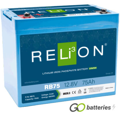 Relion RB75 lithium battery. 12 volt 75 amp, blue case with threaded terminals into the battery.
