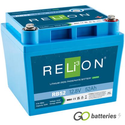 Relion RB52 lithium battery. 12 volt 52 amp, blue case with threaded terminals into the battery.